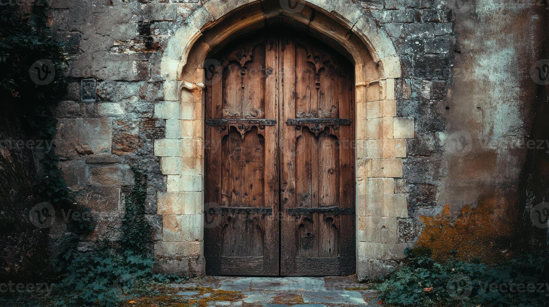 Ancient wooden door embedded in a castle-like wall, evoking historical charm photo