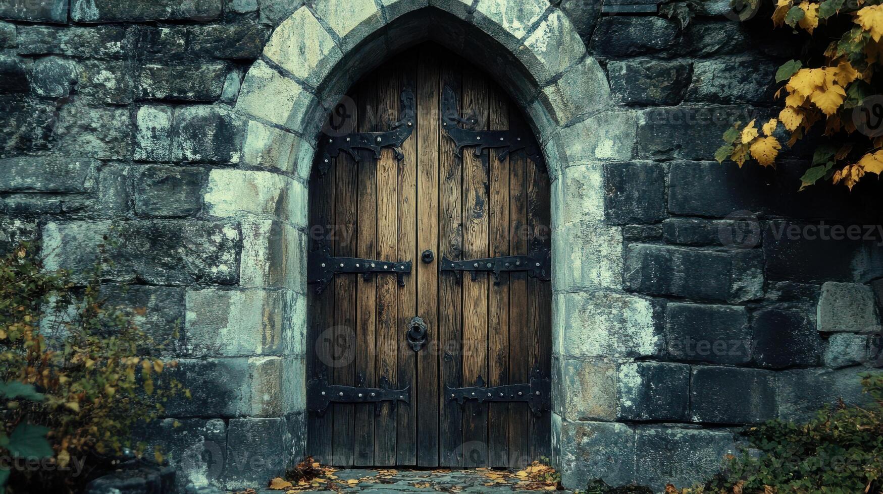 Weathered wooden door set into a castle-style wall, reflecting bygone eras photo