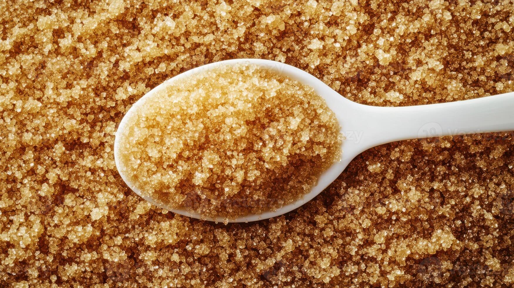view of raw brown sugar lumps alongside white spoon photo