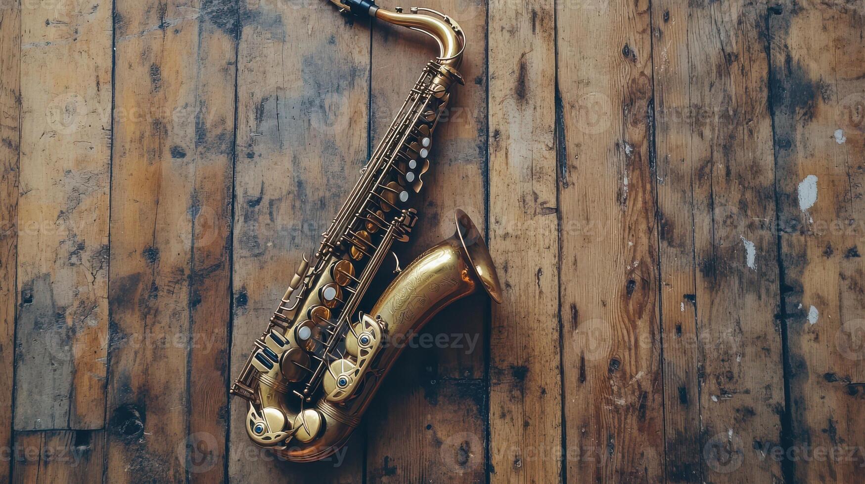 Antique saxophone on a classic old wooden surface. photo