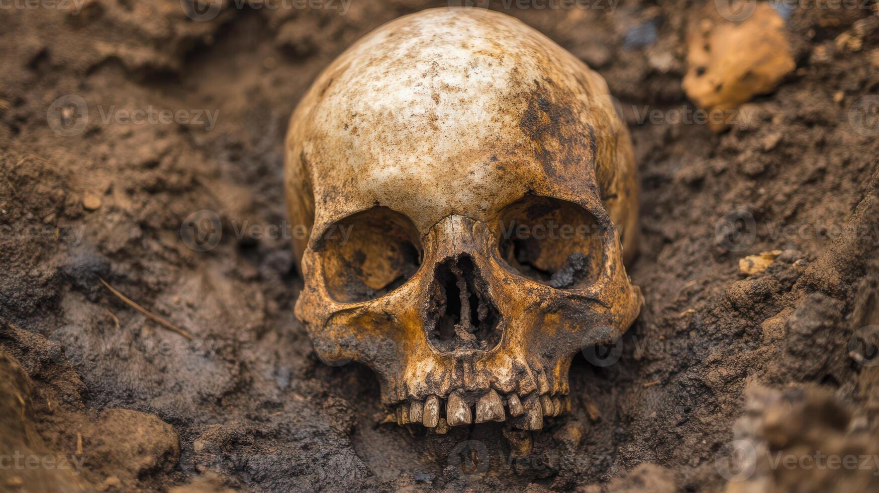 Unearthed skull and bones found in an eerie, abandoned pit. photo