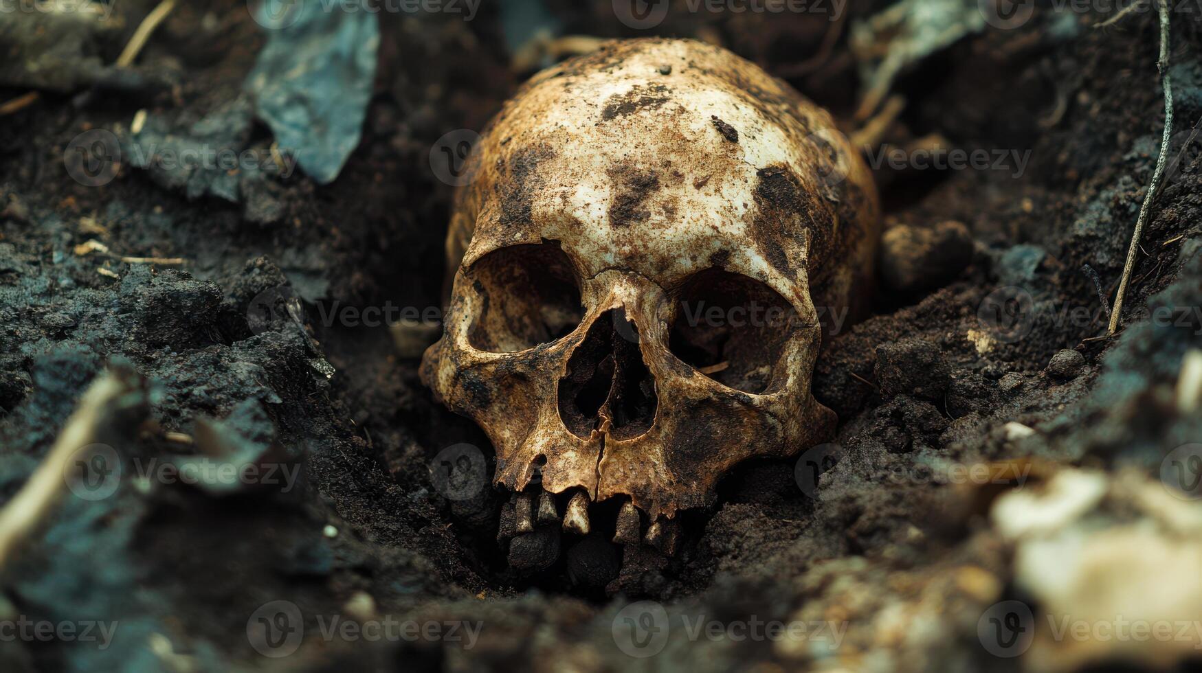 Unearthed skull and bones found in an eerie, abandoned pit. photo