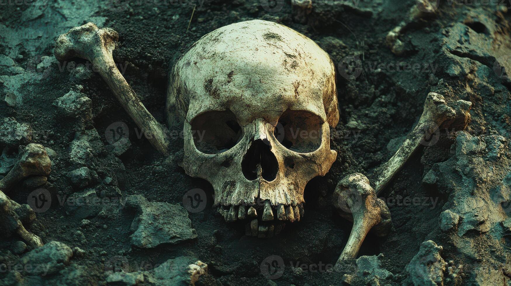Skull and bones discovered from a pit in a spooky, deserted place. photo
