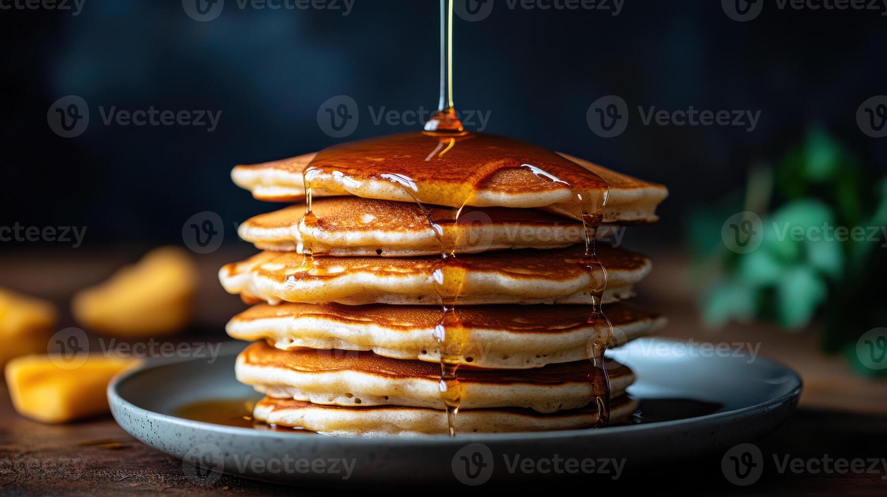 Stack of Pancakes with Maple Syrup on a Plate photo