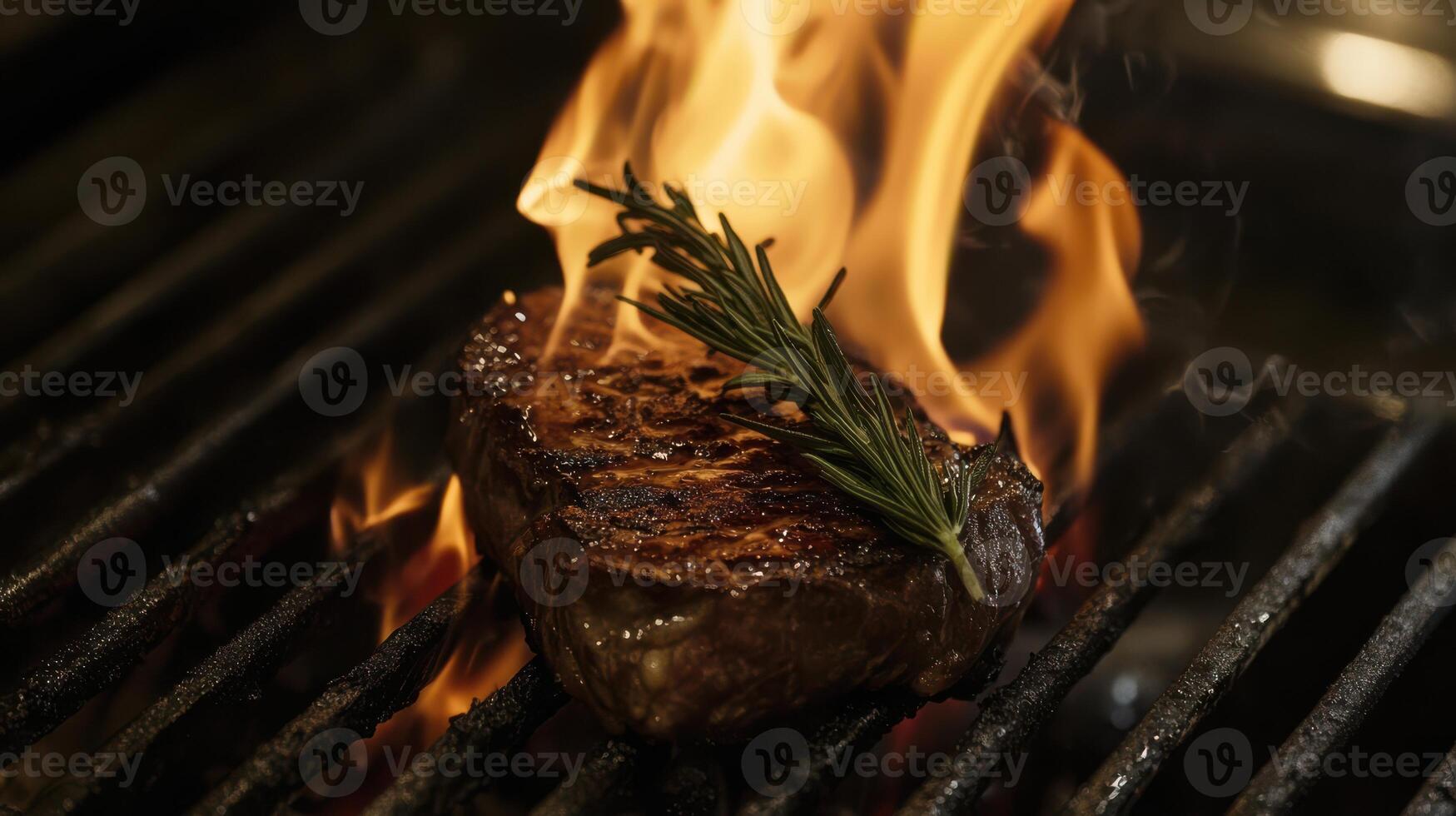 Flame-Grilled Steak with a Rosemary Garnish and Savory Aroma photo