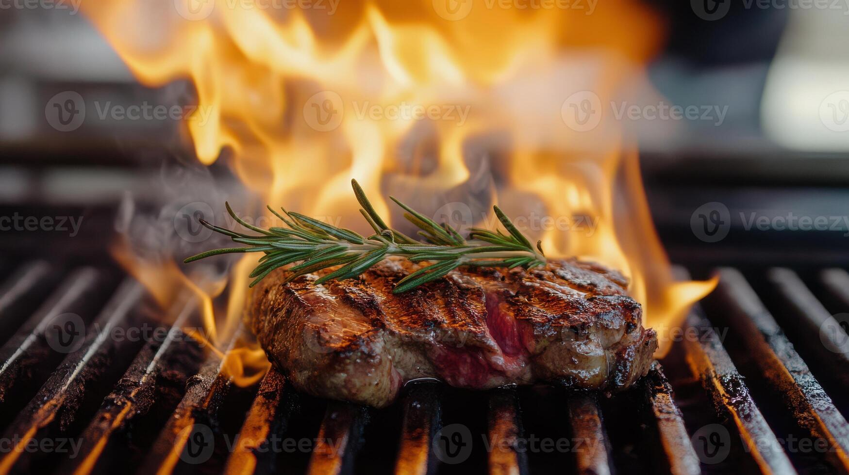 Steak Grilled Over Fire with Rosemary Garnish for a Delicious Finish photo