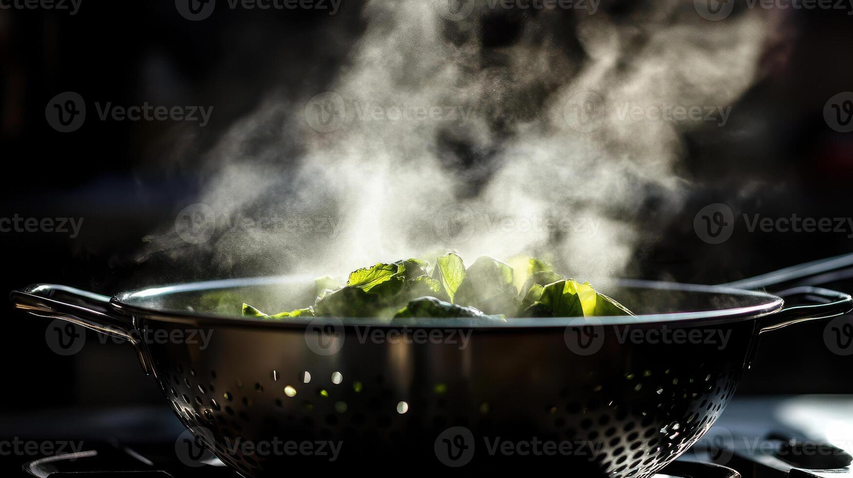 Steam Rising from a Vegetable Colander in a Dark Kitchen photo