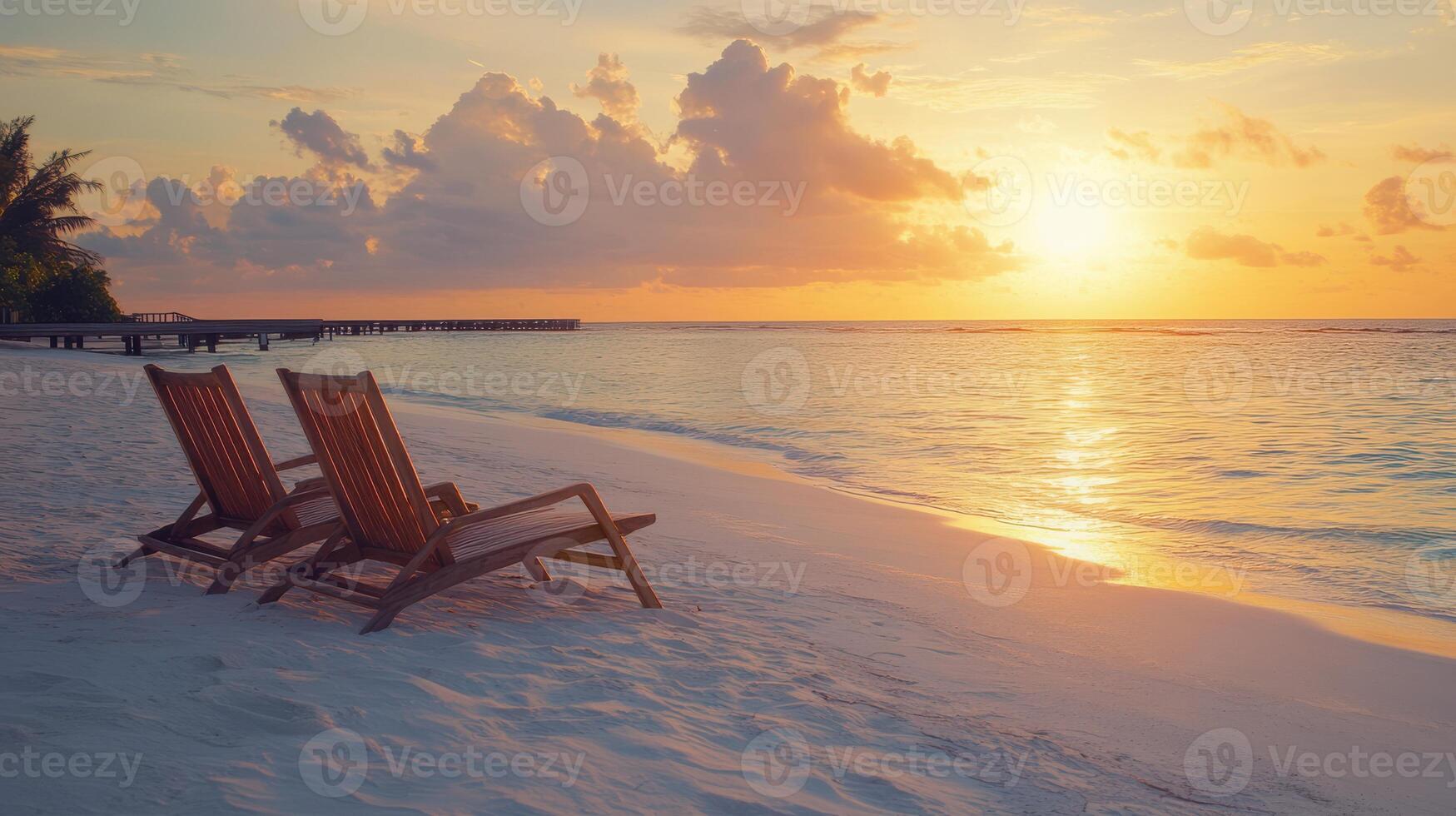 Two Vacant Beach Chairs on a Pristine White Beach in the Maldives photo