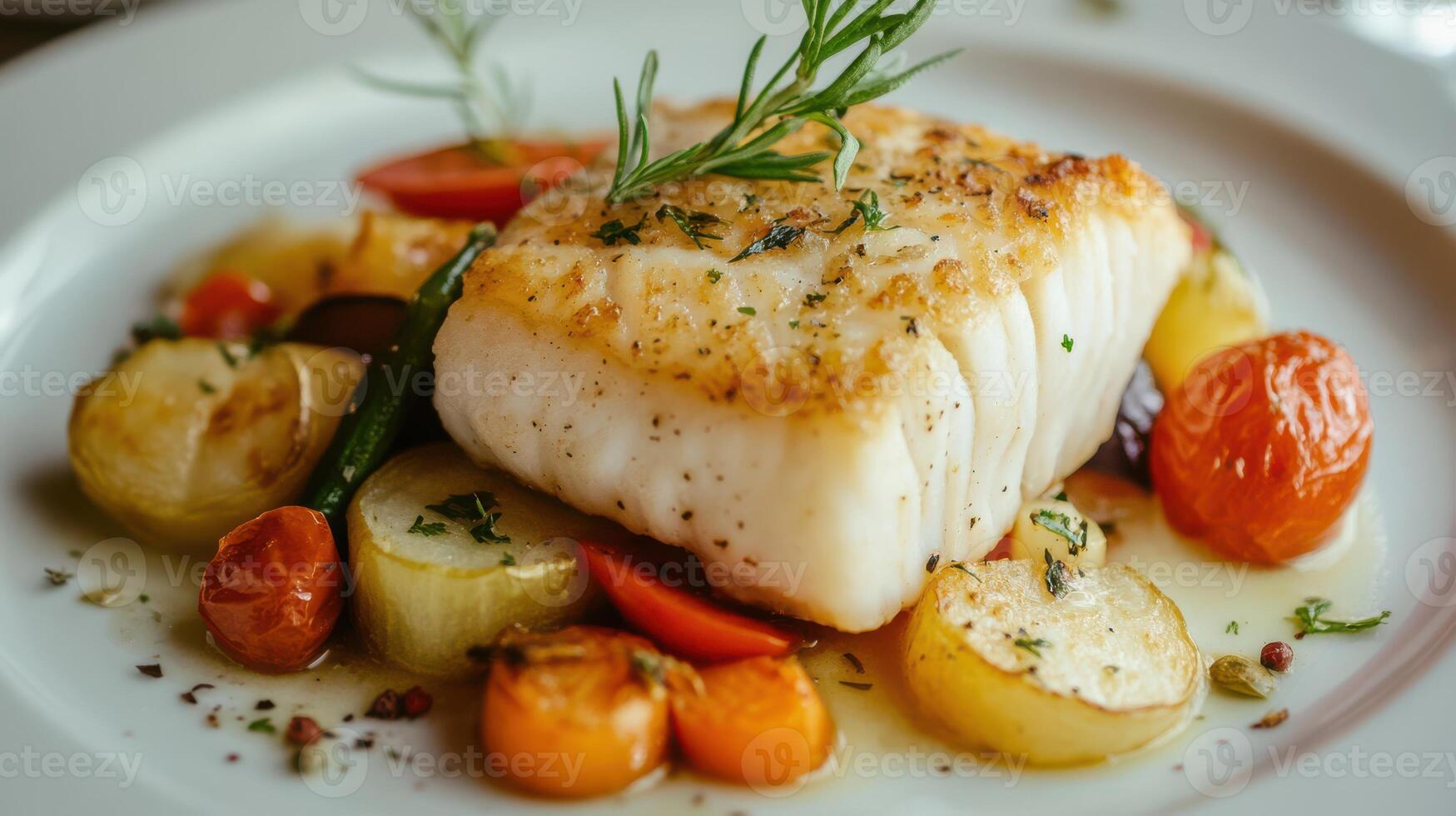 Cod fillet with vegetables arranged on a white plate. photo