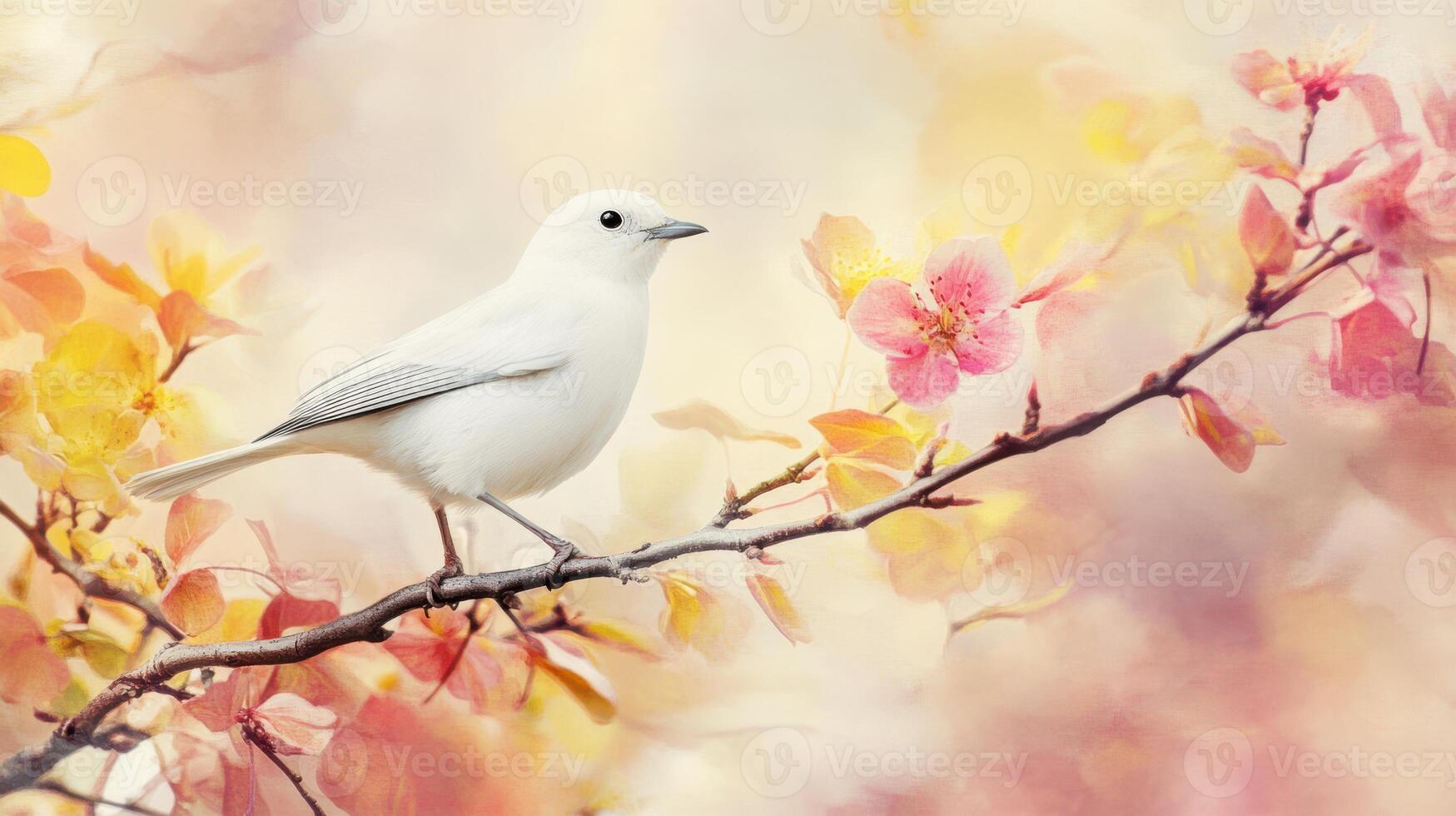 White Bird Resting on a Branch Amidst Pink and Yellow Blooms photo