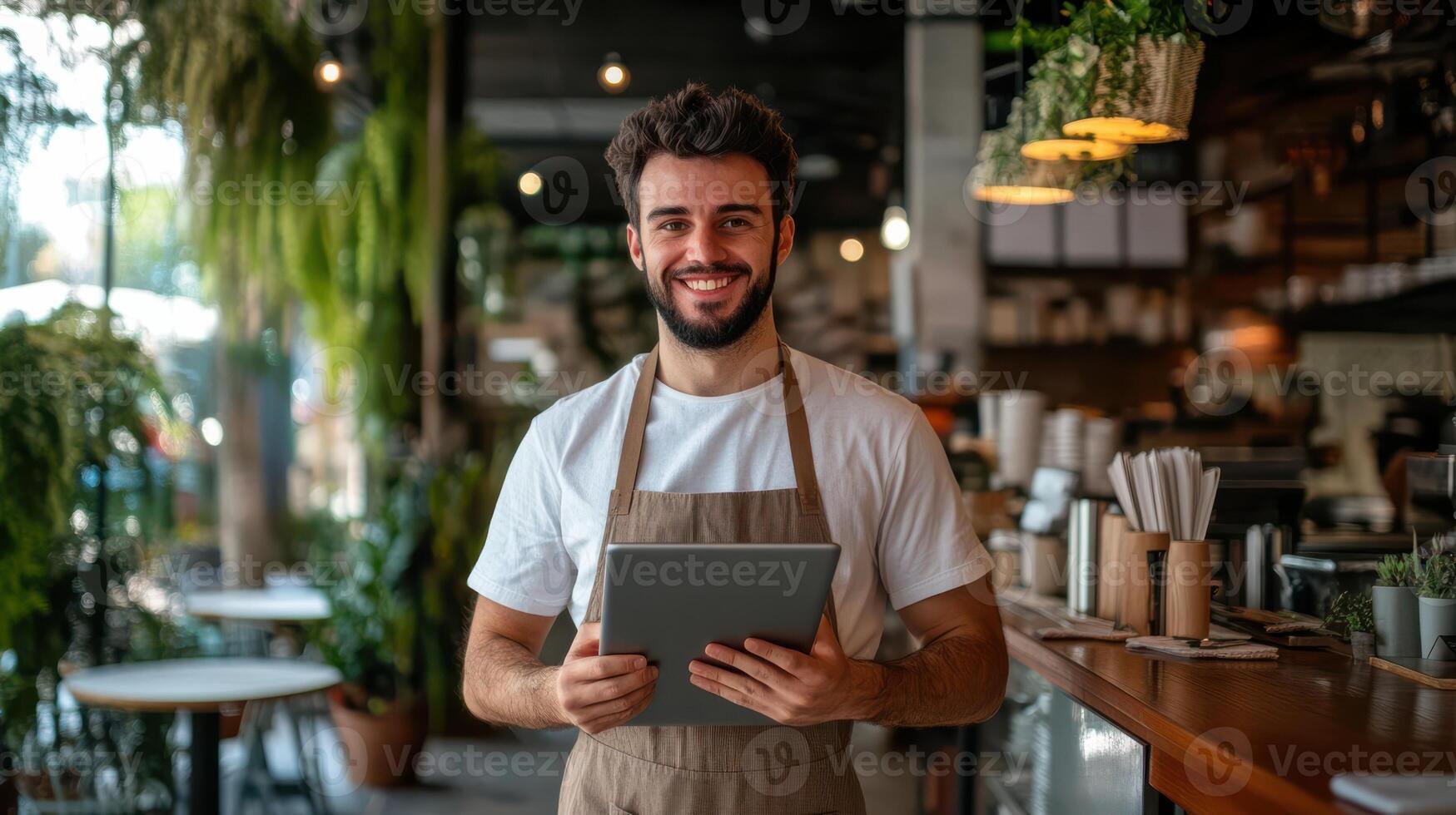 A young business owner using a tablet near the counter. photo