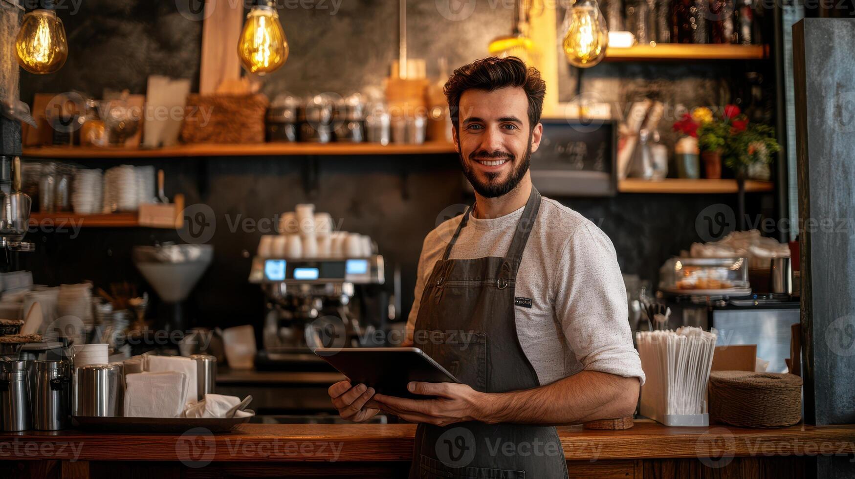 A young business owner using a tablet near the counter. photo