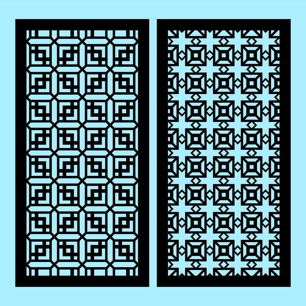 Two patterns with modern abstract geometric panels. Template for cnc cutting of metal and wood. blue background. vector