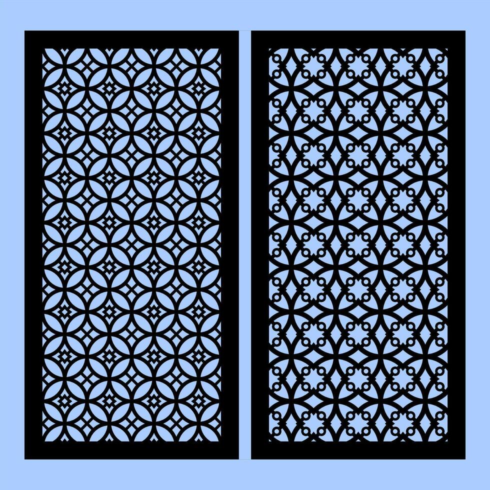 Collection of laser cut templates with modern abstract geometric panels. Template for cnc cutting of metal and wood. blue background. vector