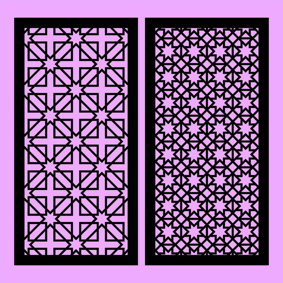 Two patterns with modern abstract geometric panels. Template for cnc cutting of metal and wood. purple background. vector