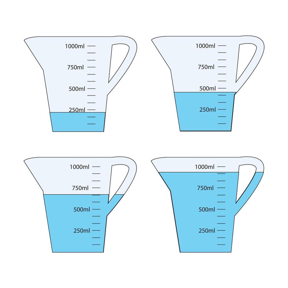 Set of empty and water filled measuring cups with 1 liter volume. Liquid containers for cooking or chemical experiment with fluid capacity scale isolated vector