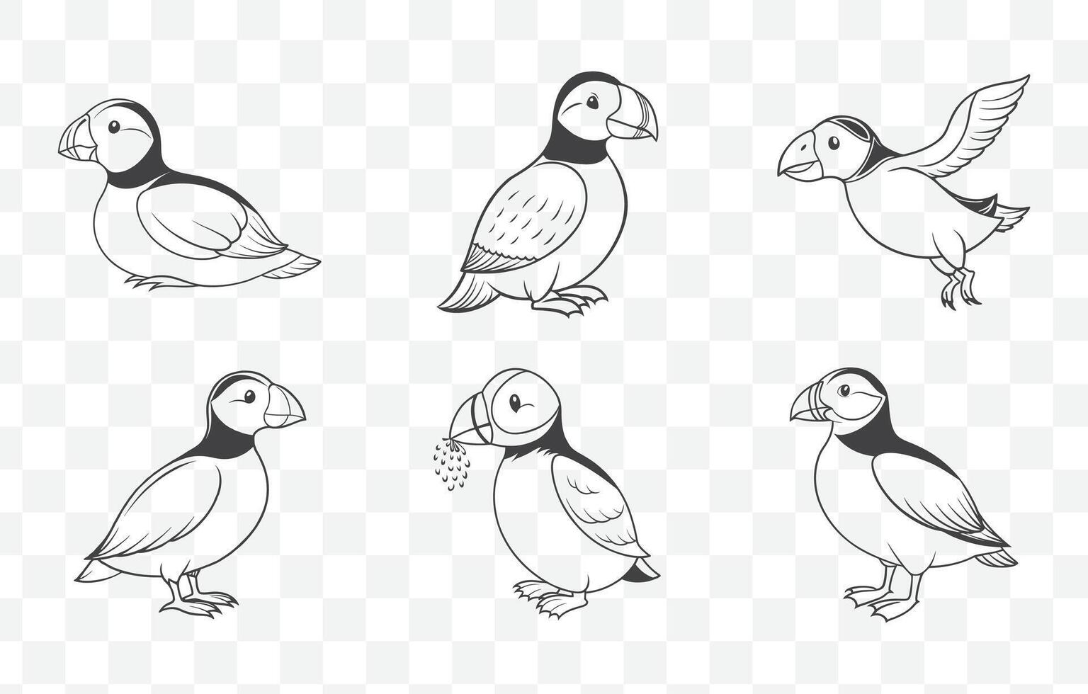 Print Puffin Line Art Set Featuring Detailed Drawings of Puffins in Various Poses for Design and Illustration vector