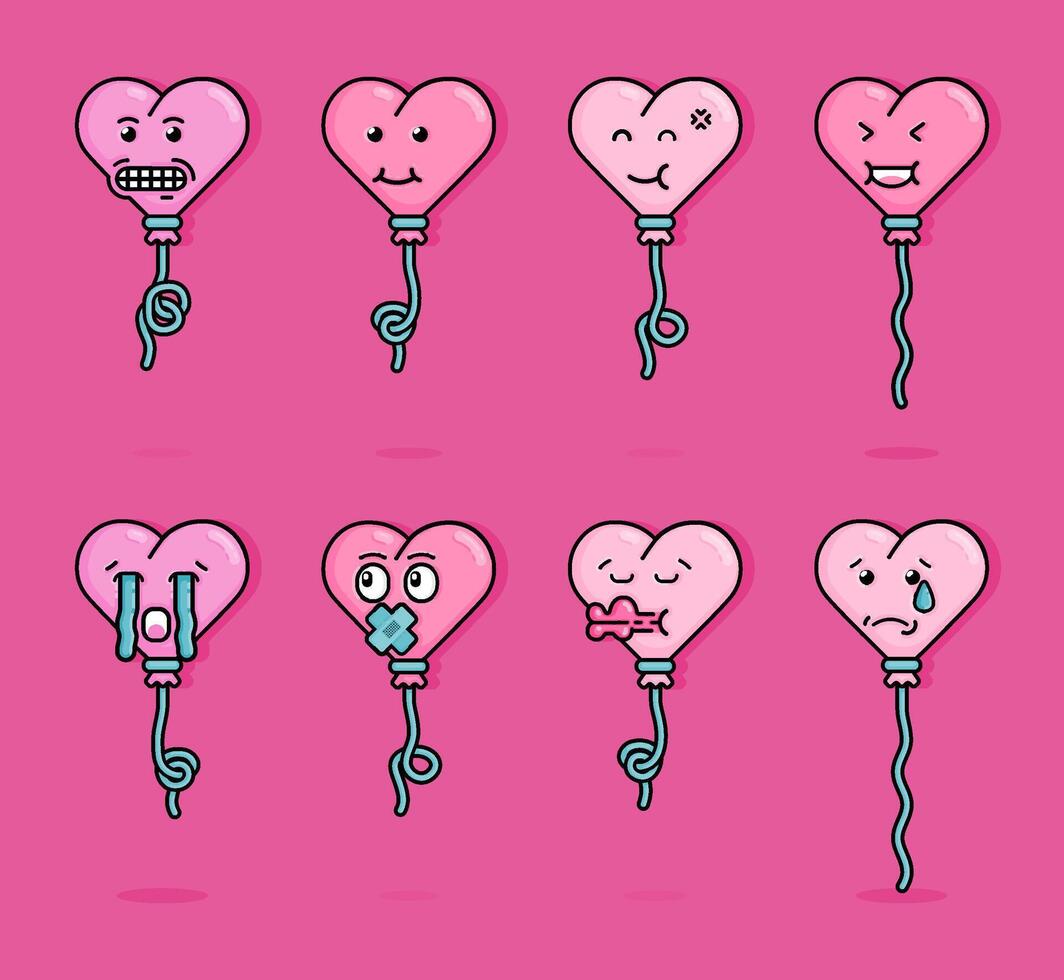 Cartoon Illustration of emoticon of pink heart shaped balloon floating with strange emotions. Can be used for birthdays, parties, Valentine Day, celebrations and printed on t-shirts, hoodies, tote bag vector