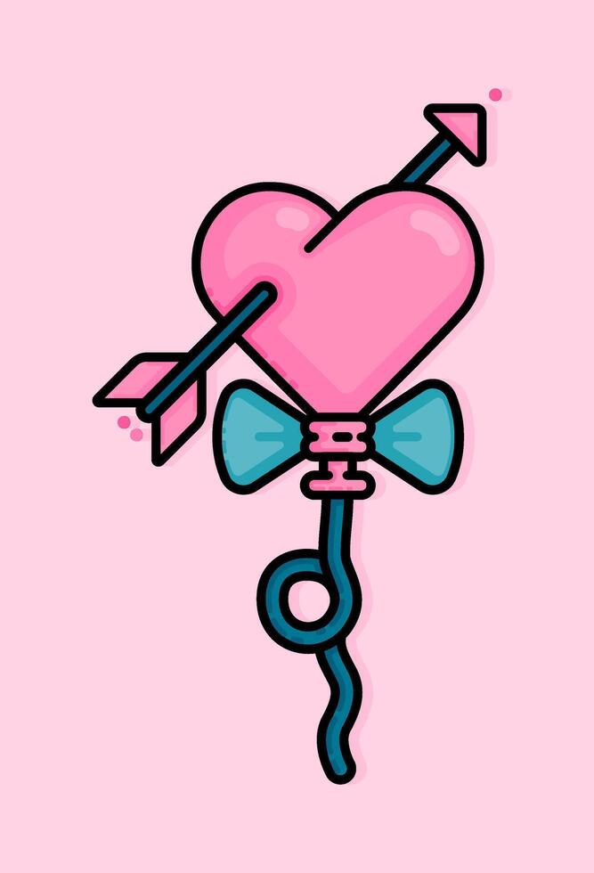 Cartoon illustration of cupid arrow piercing a pink heart shaped balloon.. Can be used for birthdays, parties, Valentine Day, celebrations and printed on t-shirts, hoodies, tote bags vector