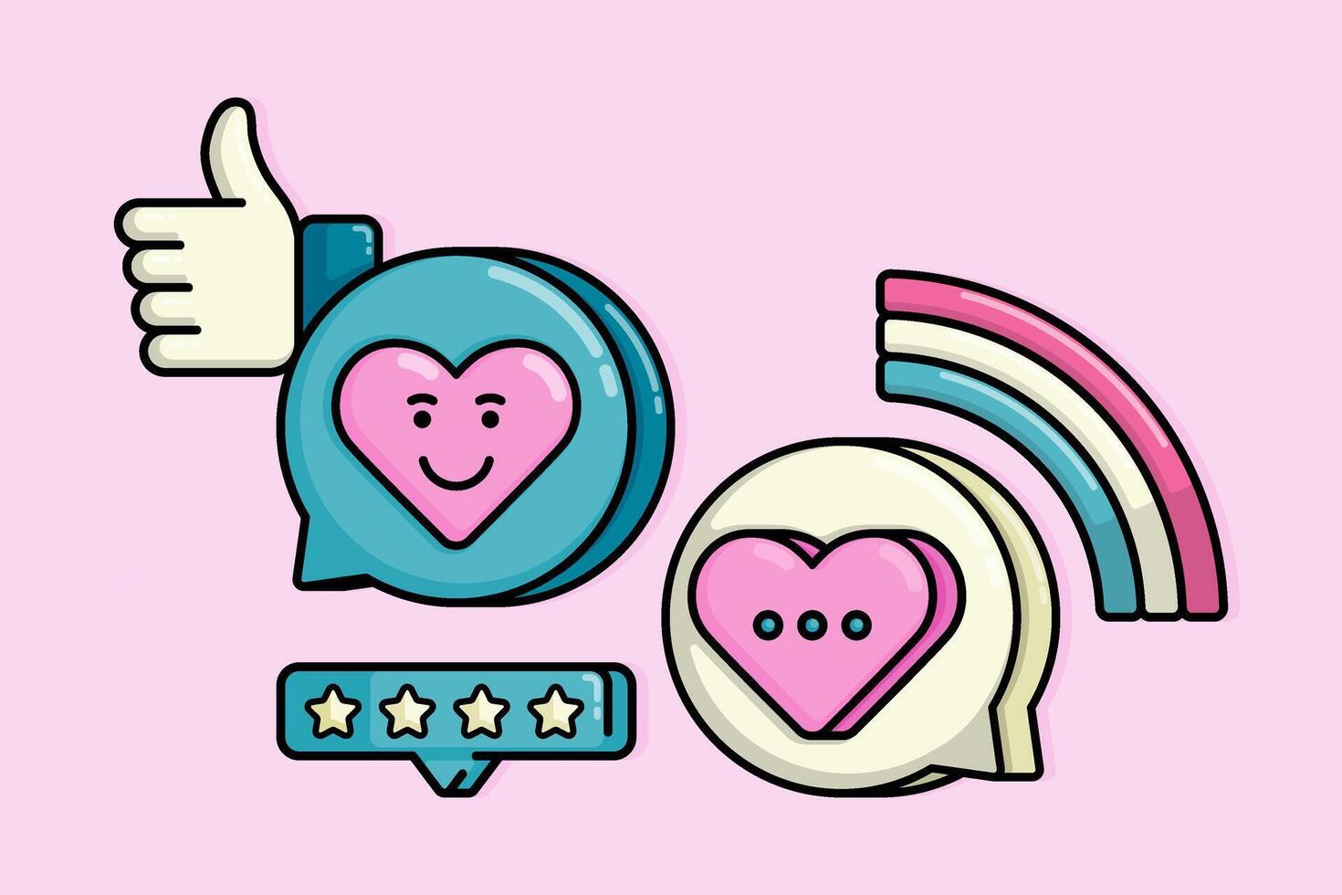 Illustration of rating and review comments on dating apps with heart and rainbow symbols. Can be used for birthdays, parties, Valentine Day, celebrations and printed on t-shirts, hoodies, tote bags vector