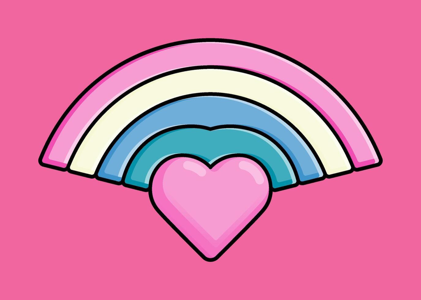 Cartoon illustration of pink heart and rainbow on top with outline style. Can be used for birthdays, parties, Valentine Day, celebrations and printed on t-shirts, hoodies, tote bags vector