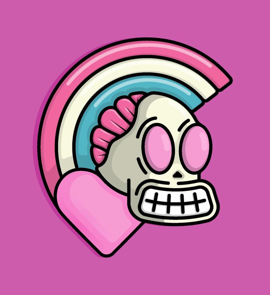Illustration of smiling skull with brains strewn across a rainbow love heart behind it. Can be used for birthdays, parties, Valentine Day, celebrations and printed on t-shirts, hoodies, tote bags vector