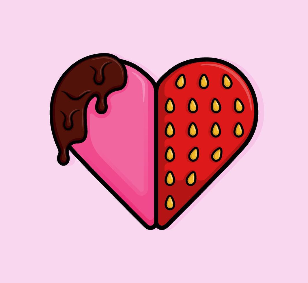 Illustration of heart or love with half a strawberry and covered in melted chocolate. Can be used for birthdays, parties, Valentine Day, celebrations and printed on t-shirts, hoodies, tote bags vector