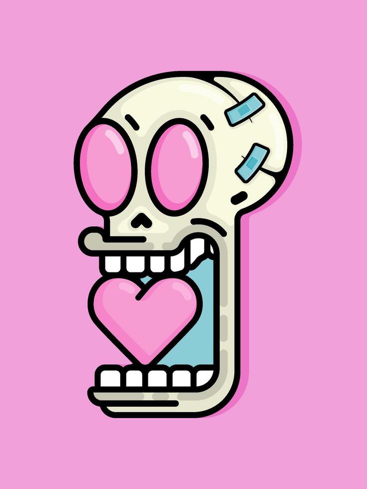 Cartoon Illustration of happy and smiling skull biting a heart or love. Can be used for birthdays, parties, Valentine Day, celebrations and printed on t-shirts, hoodies, tote bags vector