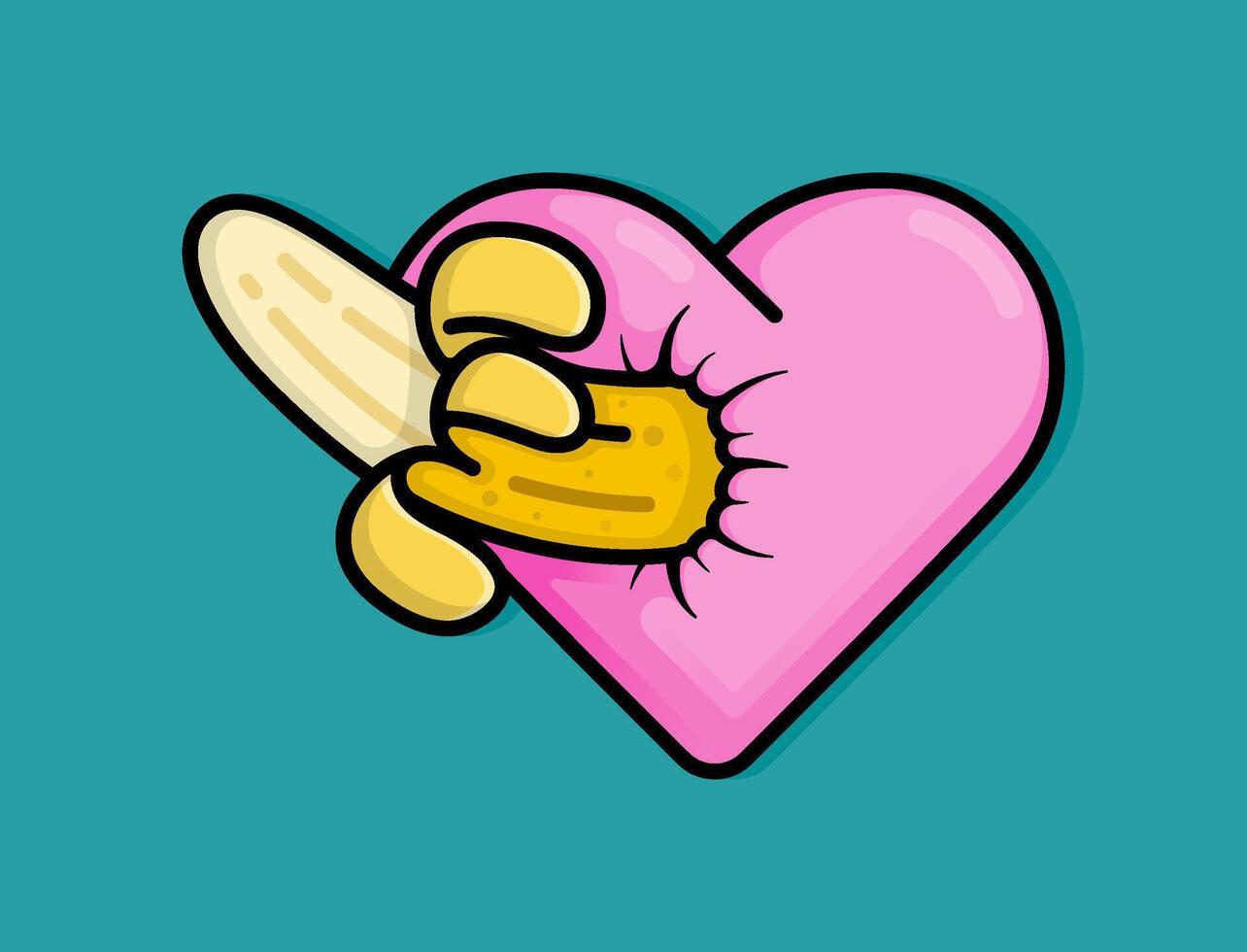 Cartoon illustration of peeled banana comes out from pink heart. Can be used for birthdays, parties, Valentine Day, celebrations and printed on t-shirts, hoodies, tote bags vector
