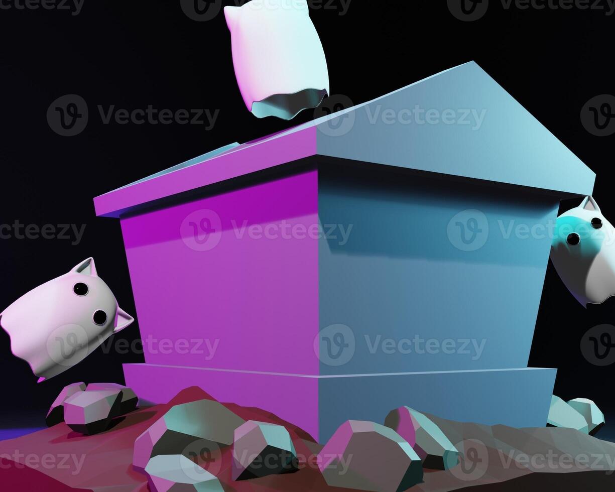3D design of cute and happy ghost family gathering and playing together. photo