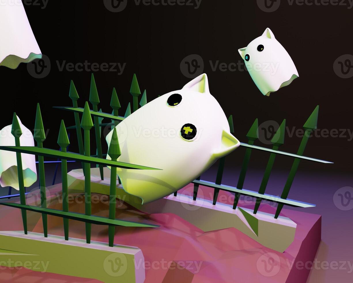 3D design of cute and happy ghost family gathering and playing together. photo