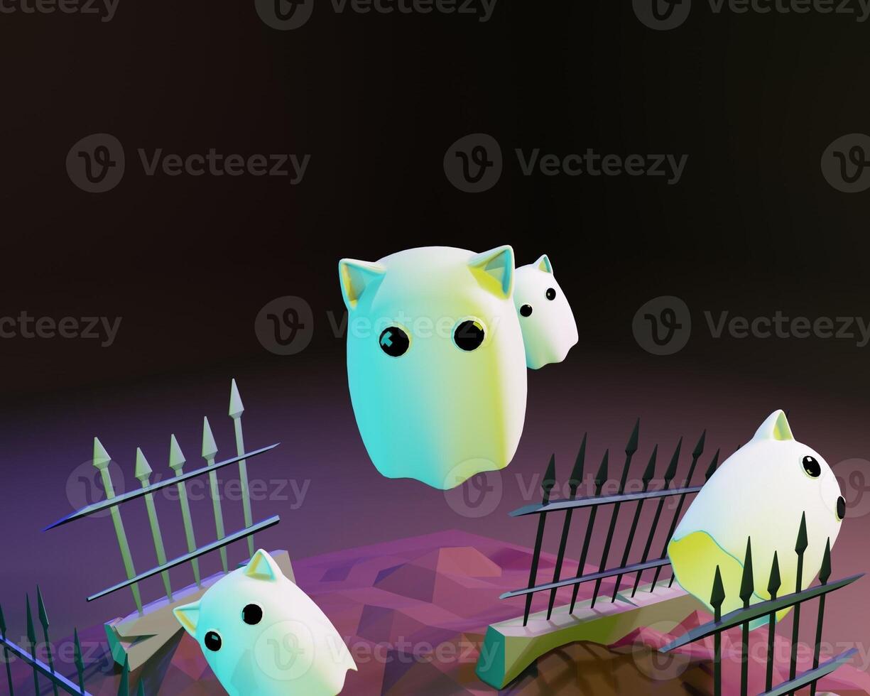 3D design of cute and happy ghost family gathering and playing together. photo