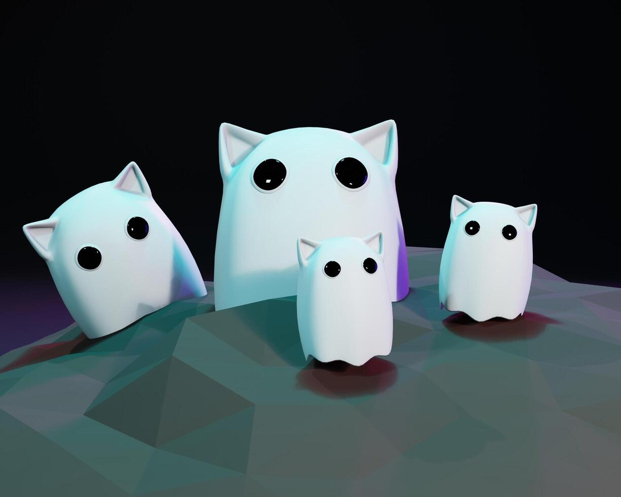 3D design of cute and happy ghost family gathering and playing together. photo