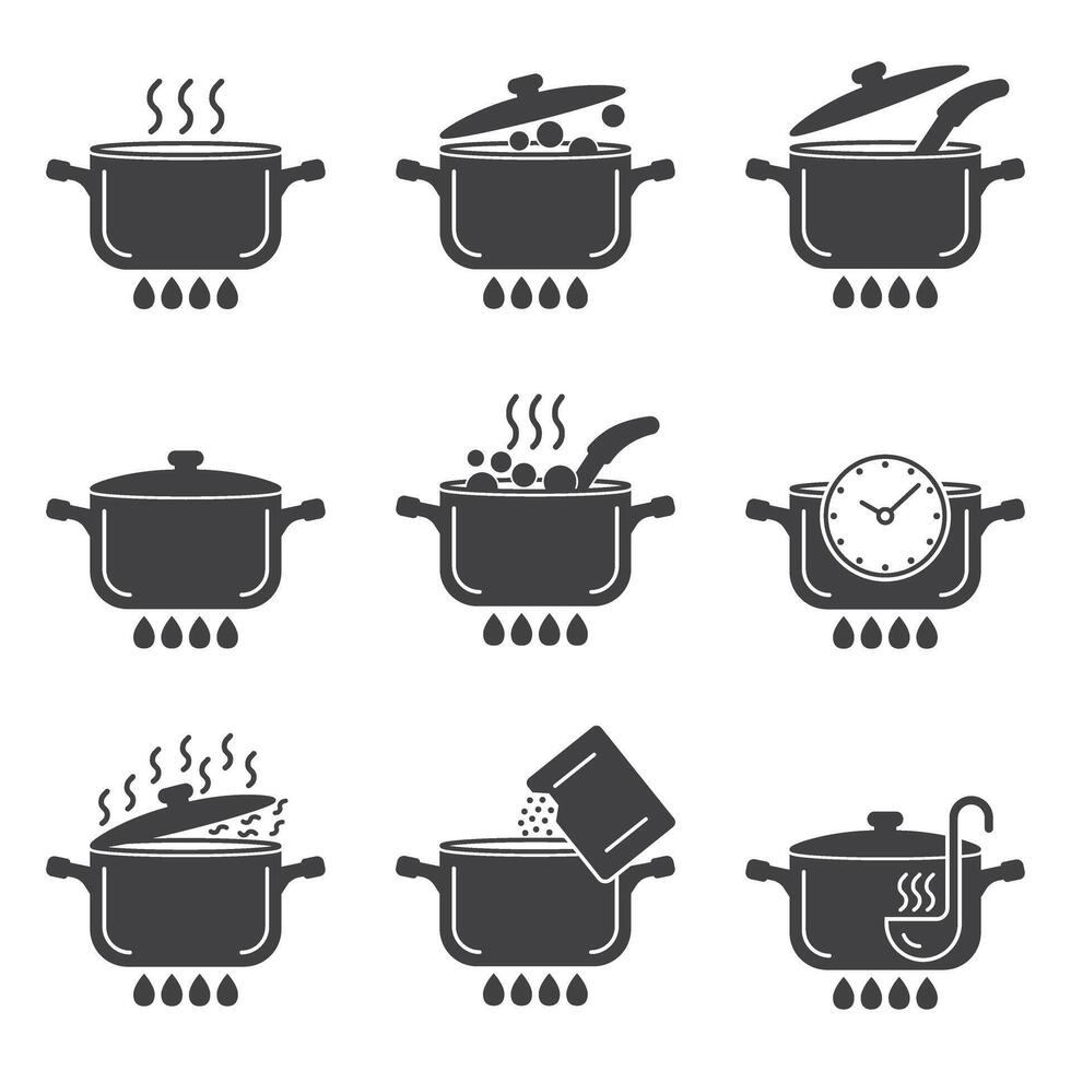 Cooking pots icons set in flat style. Saucepan illustration on isolated background. Pan sign business concept. vector