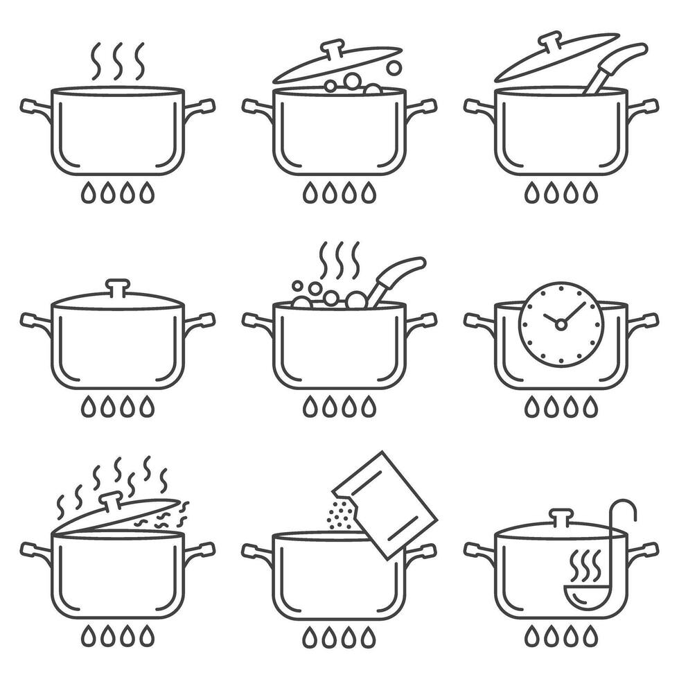 Cooking pots icons set in flat style. Saucepan illustration on isolated background. Pan sign business concept. vector