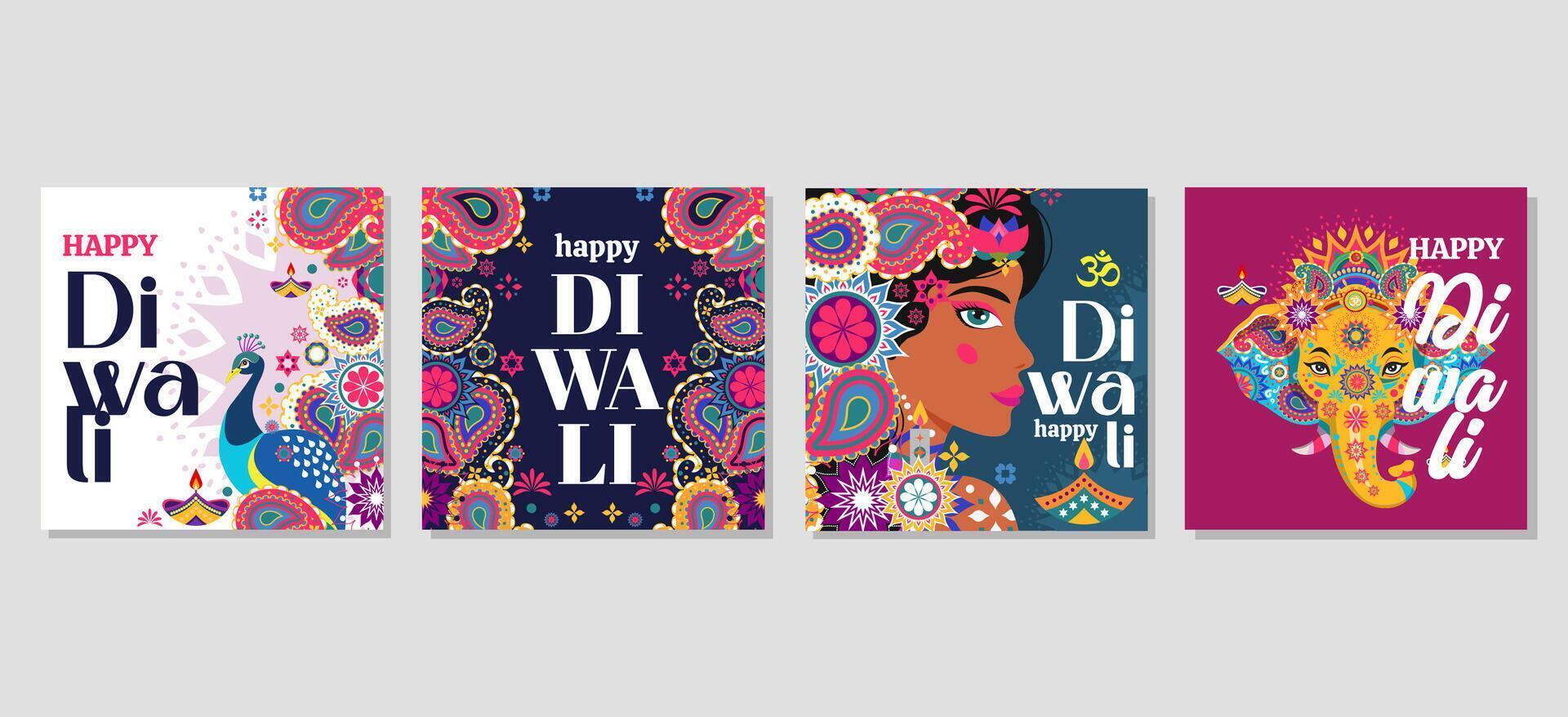 Happy diwali Set of greeting cards, social media post, posters, holiday covers vector