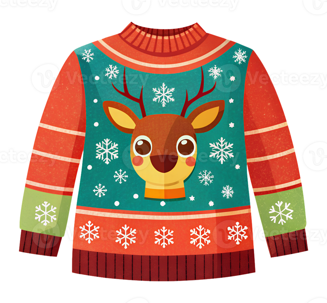 Illustration of a sweater with a Christmas reindeer and snowflake design for a warm holiday atmosphere png