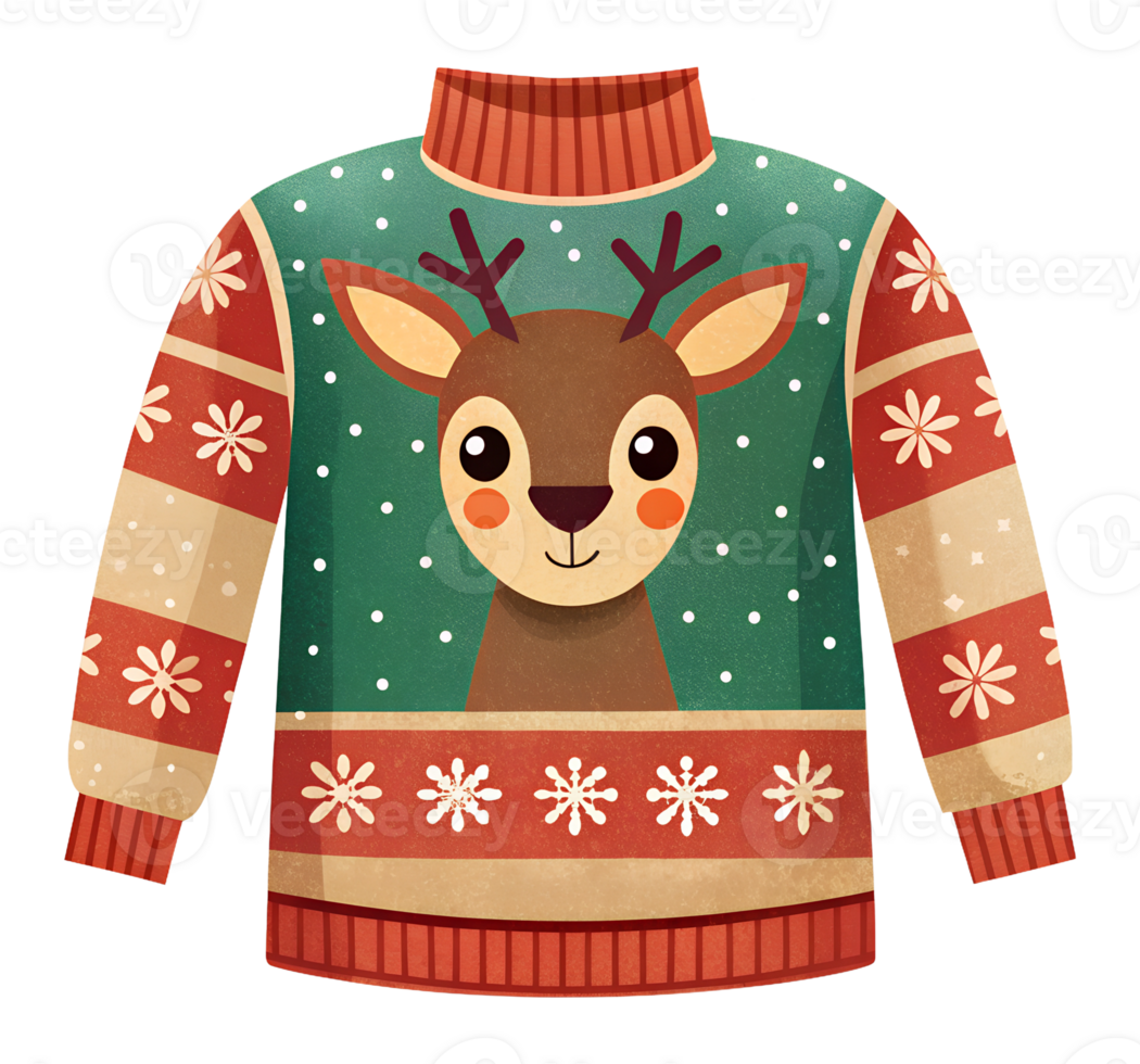 Illustration of a stylish sweater with a winter reindeer and holiday elements for cozy evenings png
