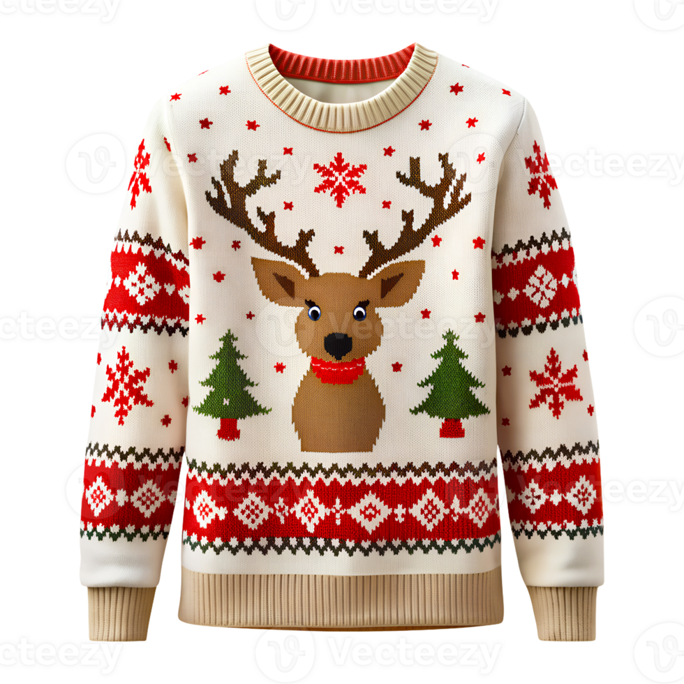 Sweater with reindeer and Christmas patterns on a transparent background png