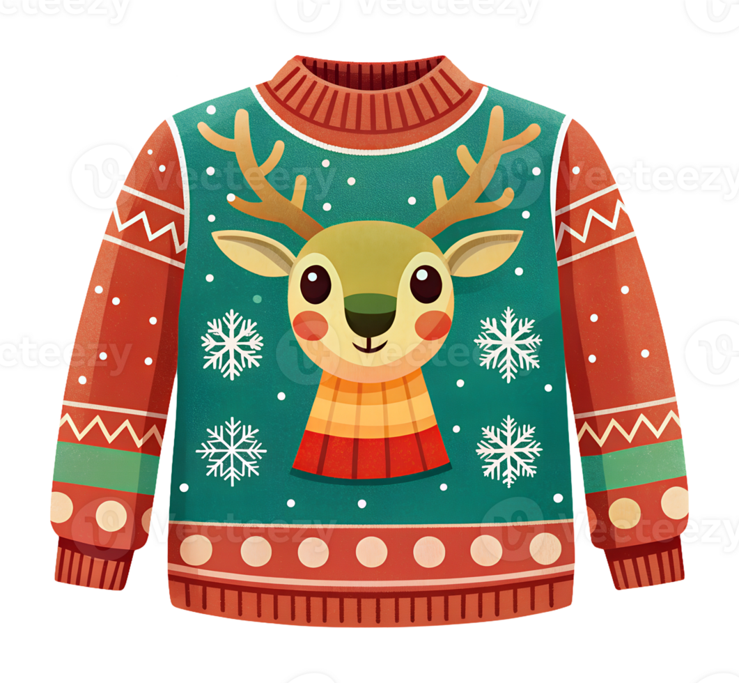 Illustration of a Christmas sweater with a reindeer pattern for a warm and cozy celebration png