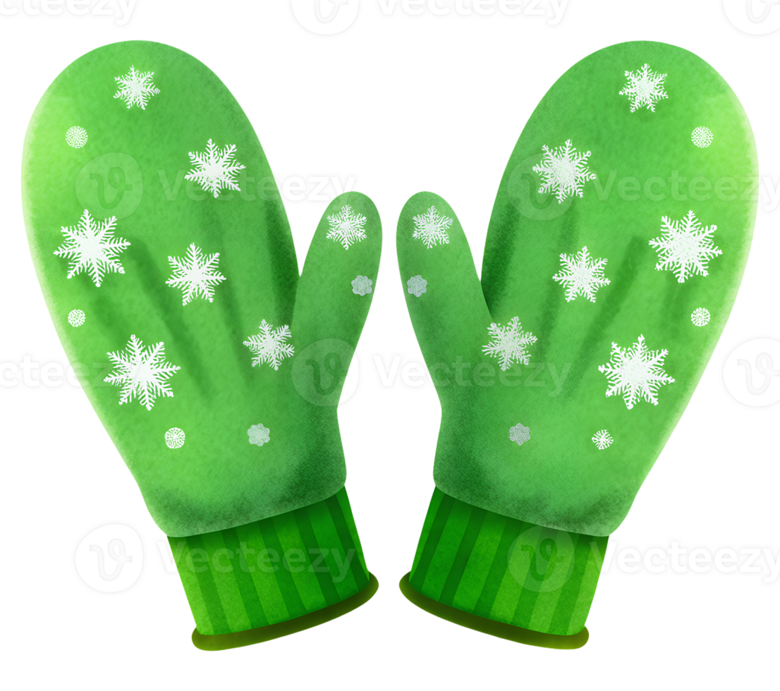 Illustrated Christmas Green Gloves with Snowflake Embellishments on Transparent Background png