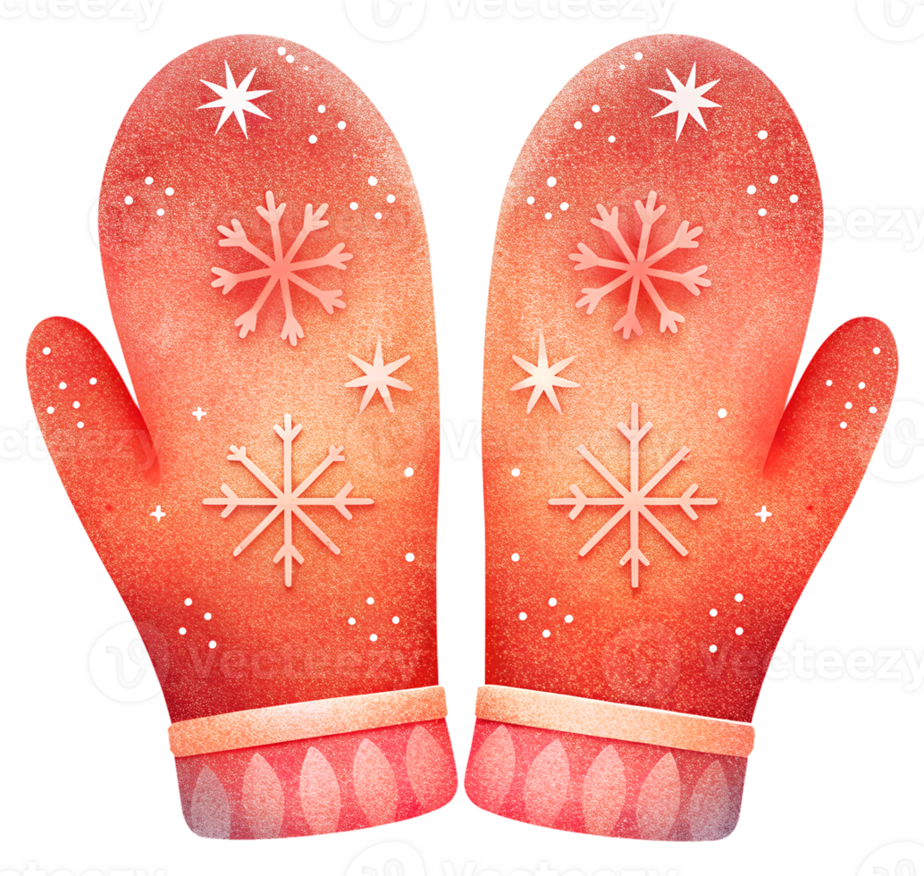 Red Winter Gloves with Festive Snowflake Patterns on Clear Background png