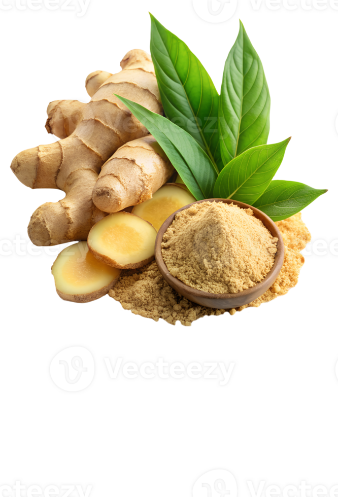 Whole Ginger Root Next to Ground Ginger on Transparent Background png