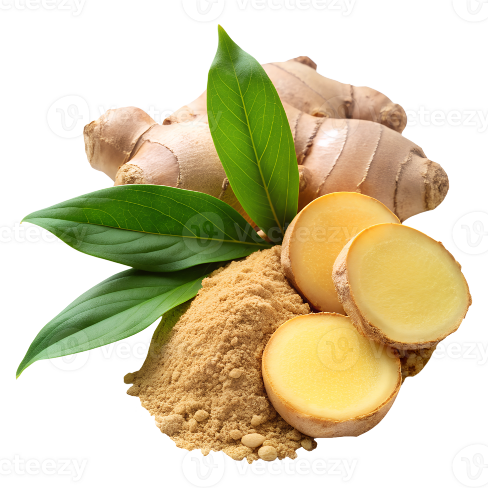 Whole Ginger Root with Ginger Flour on Transparent Background png
