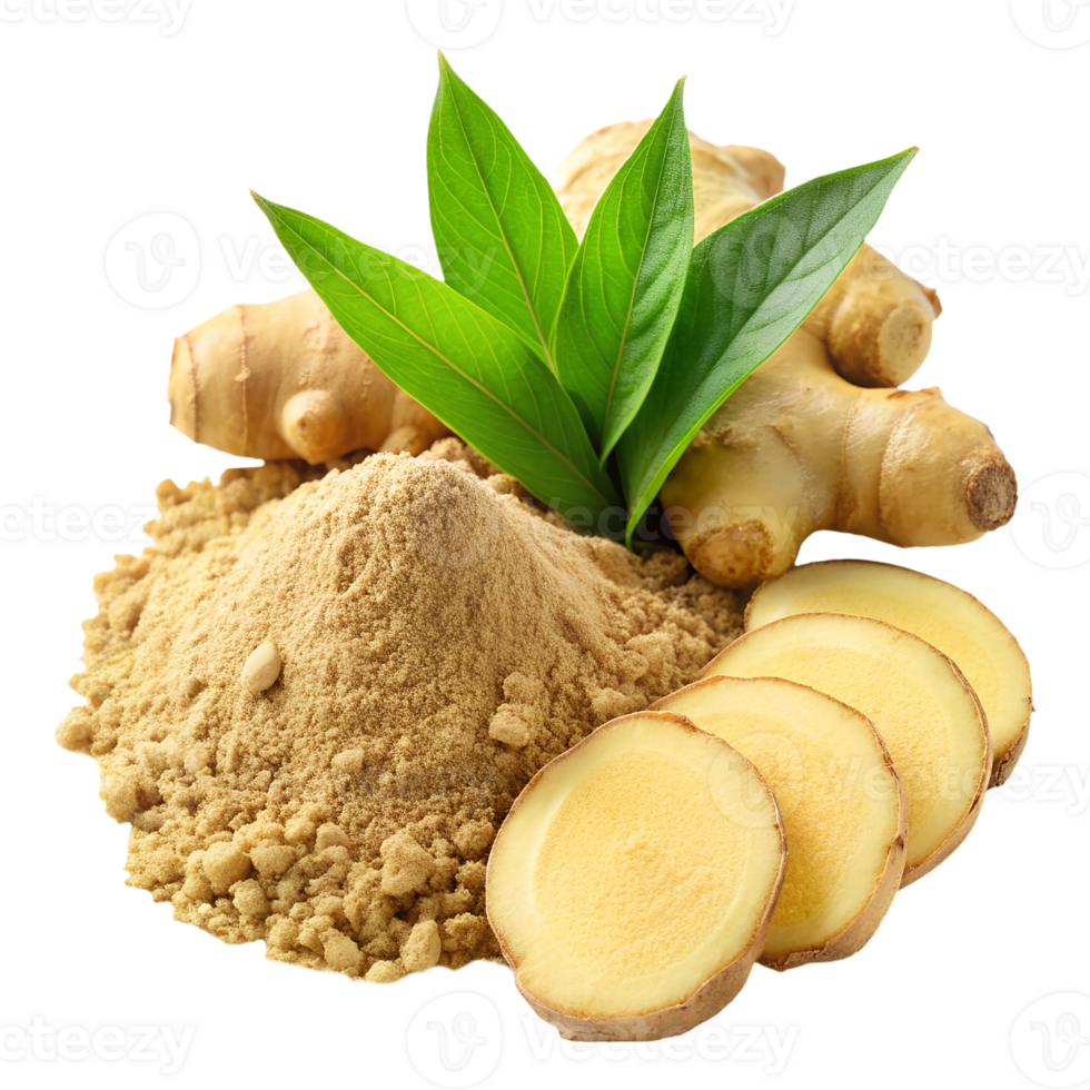 Ginger Root and Powdered Ginger Spice on Clean Background png