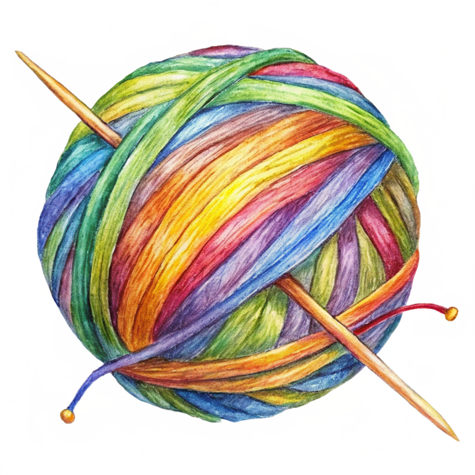 Knitting Needles with Colorful Yarn Ball png