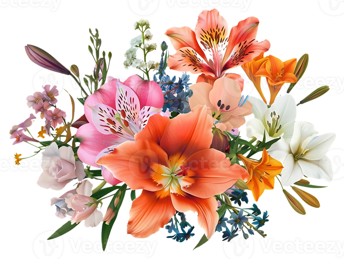Vibrant Floral Arrangement with Transparent Background A Bouquet of Lilies, Alstroemerias, and Delicate Blooms Displayed on a Clear Background. png