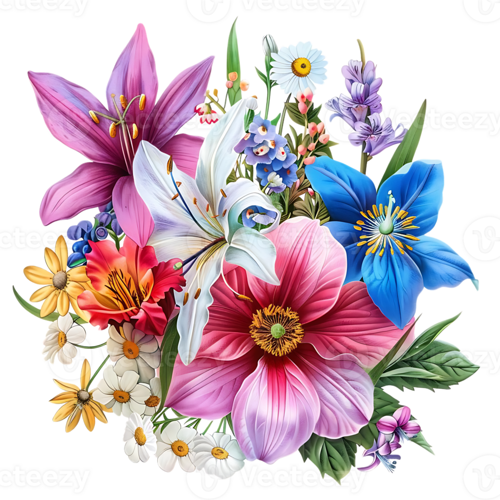 A Bouquet of Flowers with a Transparent Background Lilies, Daisies, and More png