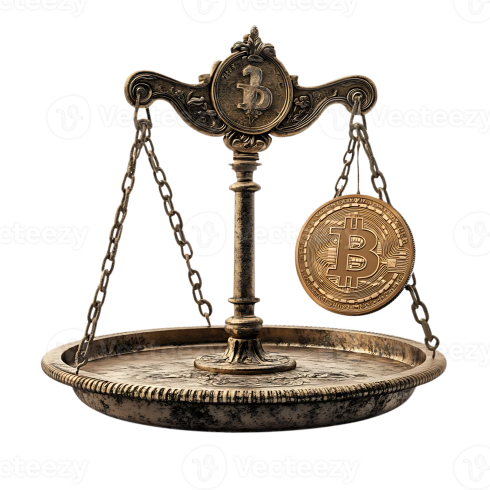 Bitcoin Weighs Heavy on the Scales of Justice A Symbol of Cryptocurrency's Influence, Balancing on an Antique Scale with a Transparent Background png