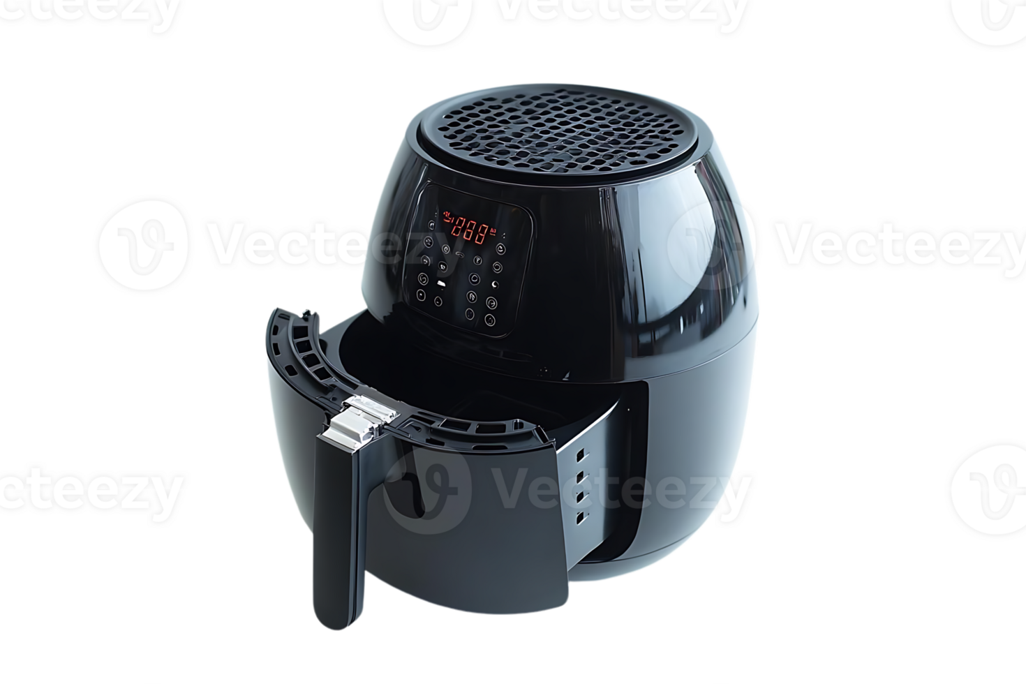 Black Air Fryer with Transparent Background, Open Lid, and Digital Display Easy Healthy Cooking png